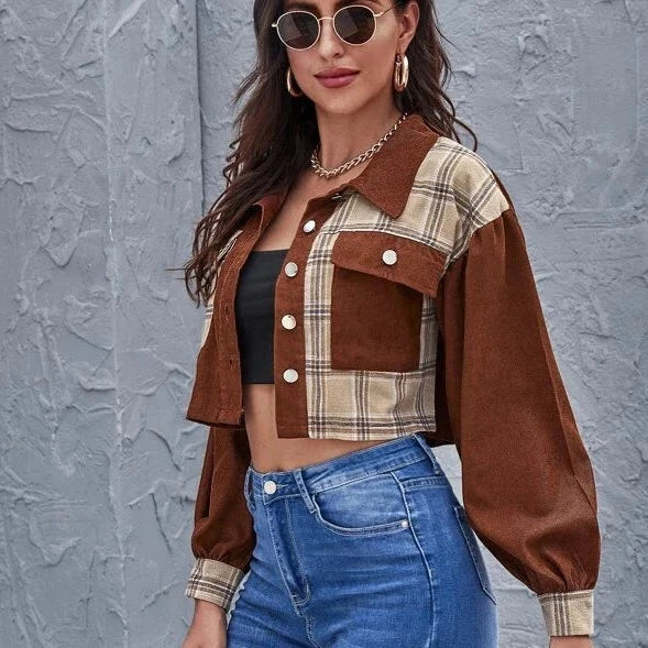 Plaid Crop Corduroy Jacket