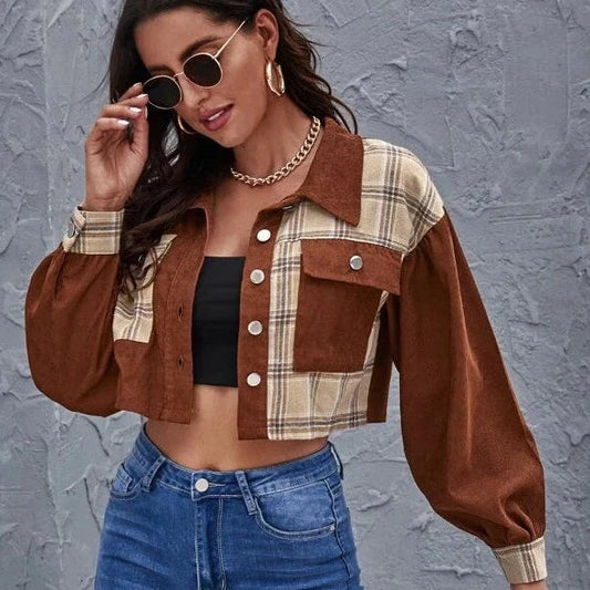 Plaid Crop Corduroy Jacket